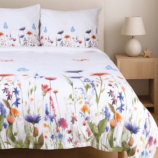 Pościel flanelowa 220x200 Florina Snow biała z kolorowymi kwiatami, Flanelove