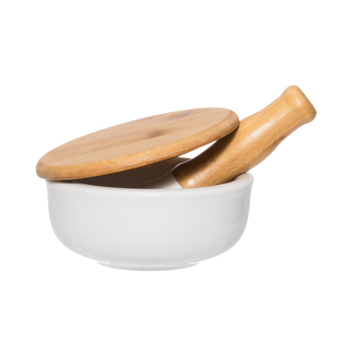 Moździerz ceramiczny biały Ø 12x6 cm MORTEROm z bambusową pokrywką