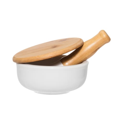 Moździerz ceramiczny biały Ø 12x6 cm MORTEROm z bambusową pokrywką