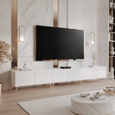 Szafka RTV BIAŁY POŁYSK na nóżkach ANGEL 300 cm z oświetleniem