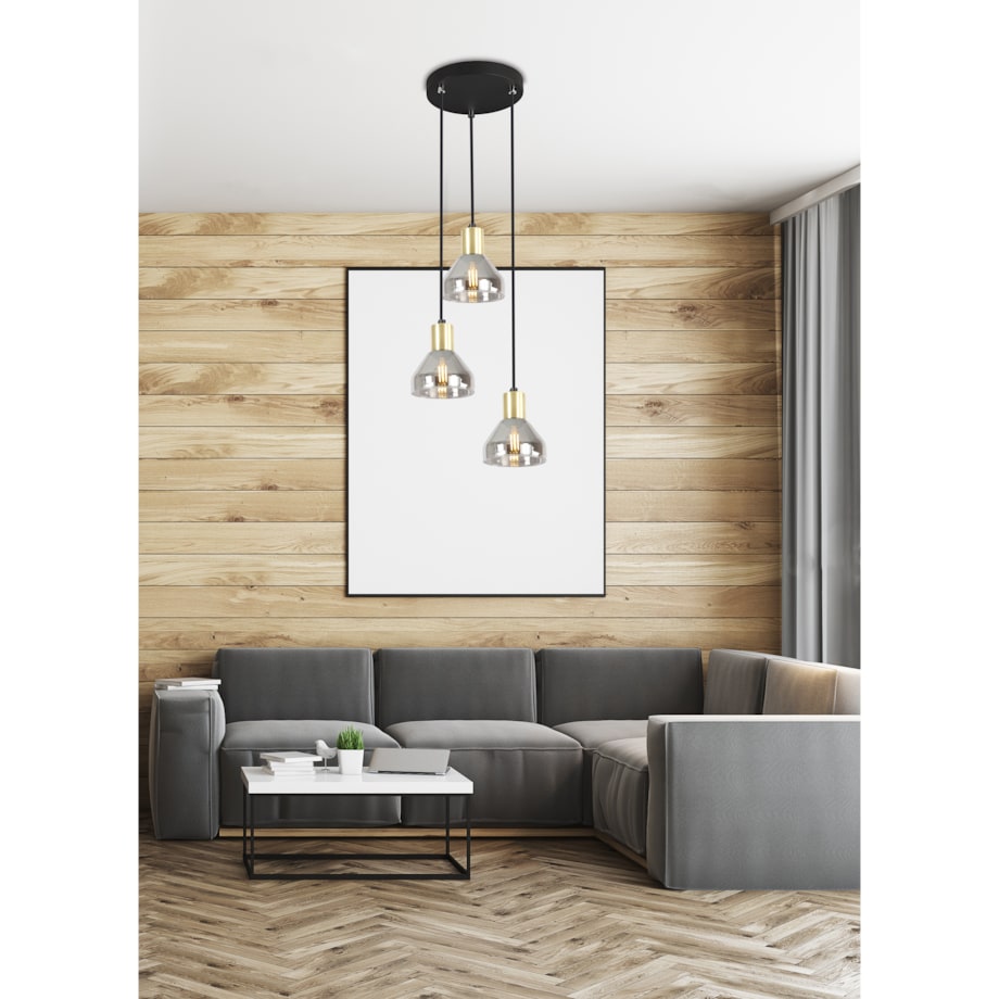LAMPA WISZĄCA GREGORY TALERZ CZARNY BRĄZ 3X40W E14 KLOSZ DYMIONY