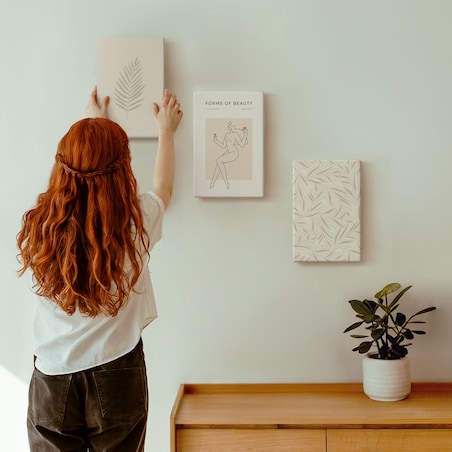 Zestaw 3 małych obrazów na płótnie - Motywy minimalistyczne botaniczne - beżowy