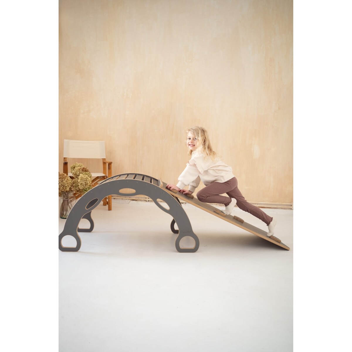 DUŻY bujak montessori z uchwytami + DUŻA zjeżdżalnia DRABINKA - szary