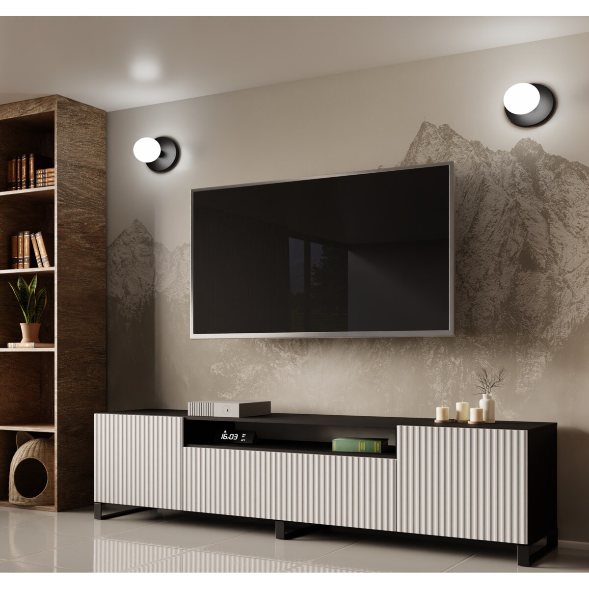 Stojąca szafka RTV NOELI pod telewizor, z ryflowanym frontem -biało-czarna