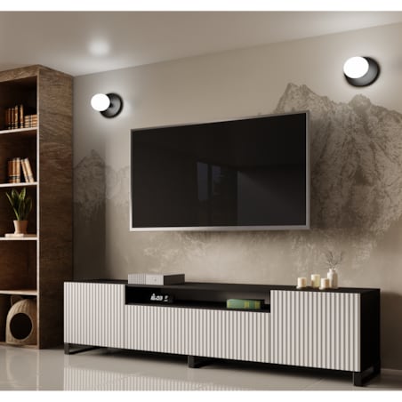 Stojąca szafka RTV NOELI pod telewizor, z ryflowanym frontem -biało-czarna