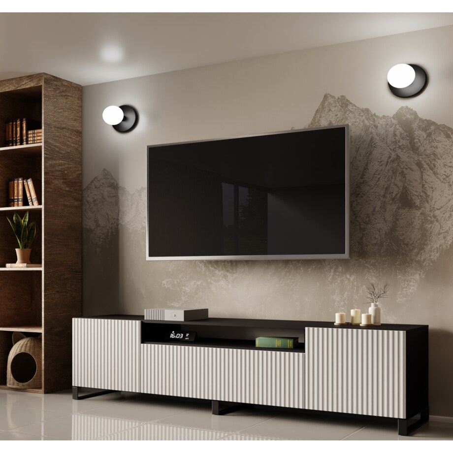 Stojąca szafka RTV NOELI pod telewizor, z ryflowanym frontem -biało-czarna