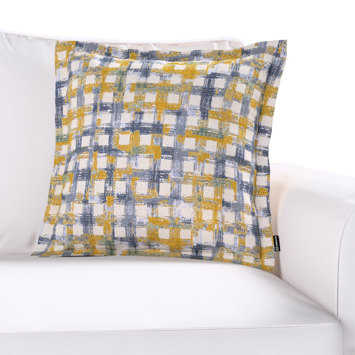 Poszewka Mona na poduszkę 45x45 niebiesko-żółta krata na kremowym tle