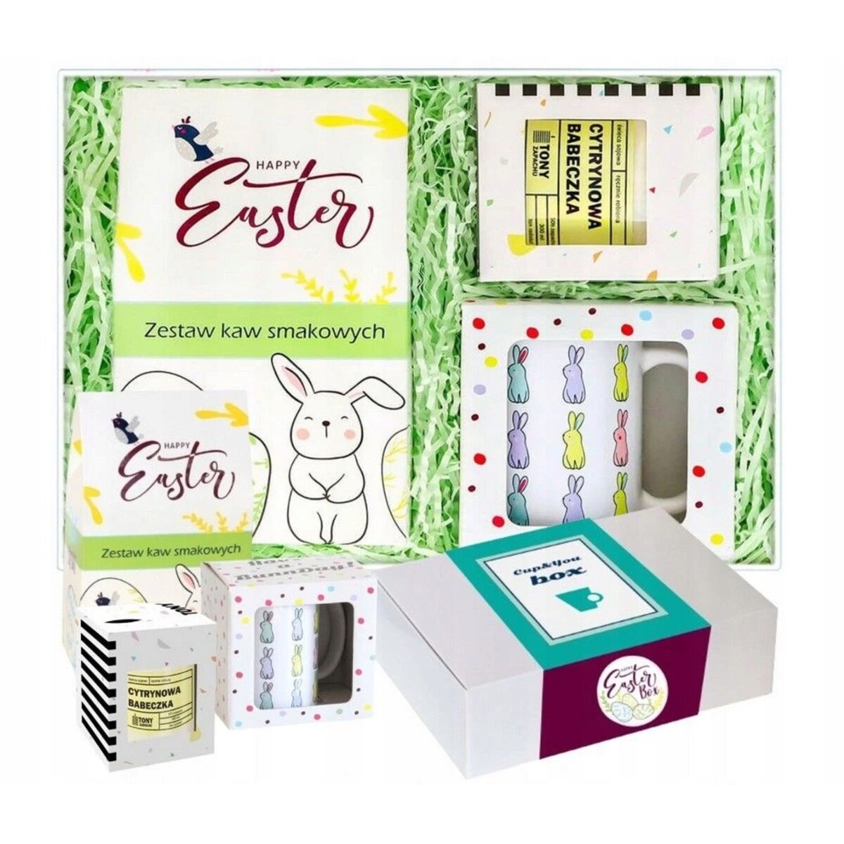 Box wielkanocny - zestaw kaw smakowych mielonych kubek świeca sojowa zapachowa - paczka upominek prezent na Zajączka Wielkanoc dla kobiety faceta