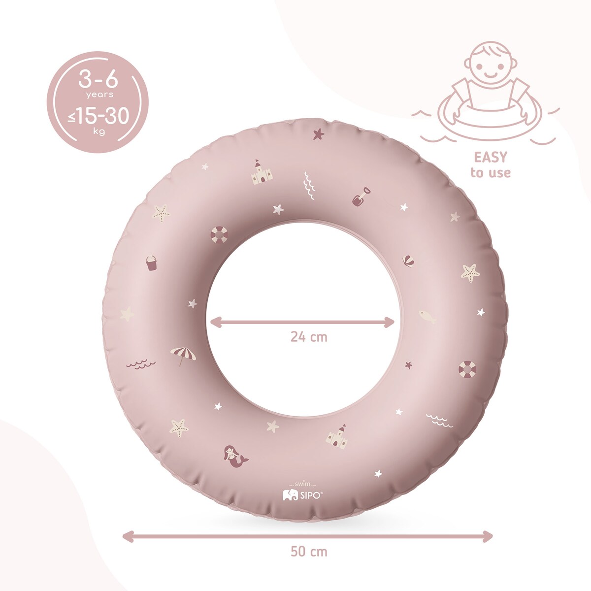 Sipo, Różowe Koło Dmuchane Do Nauki Pływania Dla Dzieci, Średnica 50 Cm, 3-6 Lat, 15-30 Kg, Różowe
