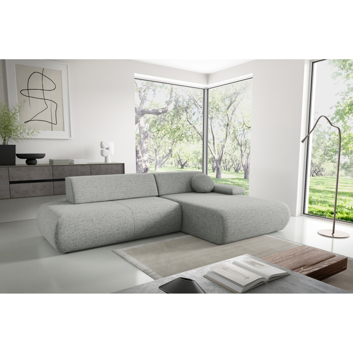 Narożnik rozkładany PENTI z pojemnikiem na pościel, prawy, szary