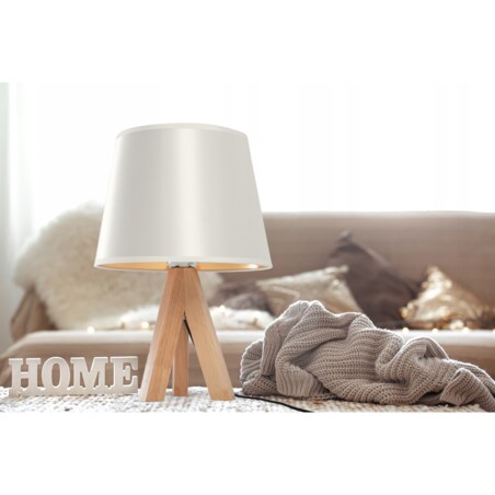 Lampka Nocna Stojąca Stołowa Biała Drewno Abażur