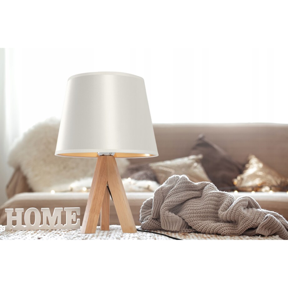 Lampka Nocna Stojąca Stołowa Biała Drewno Abażur