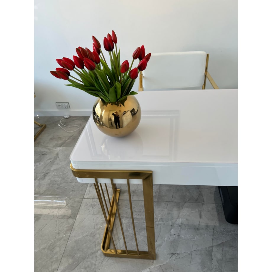 Nowoczesne białe złote biurko do gabinetu / do biura ze stali nierdzewnej Luxury Premium 140x70x75 / 2 szuflady