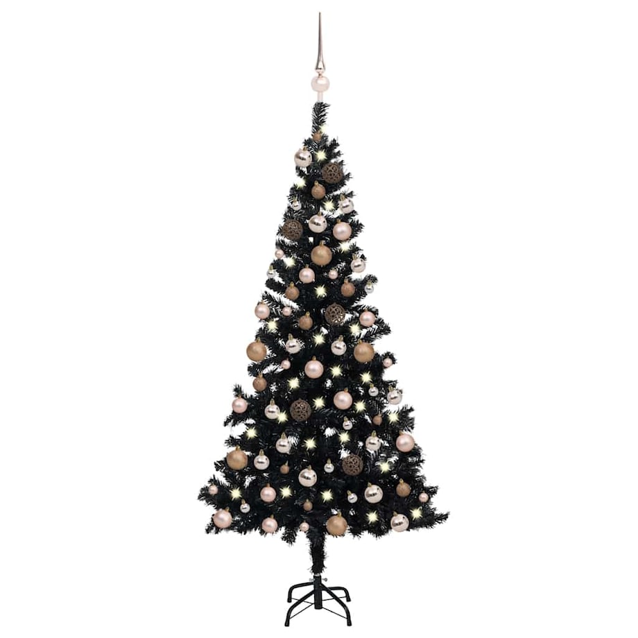 vidaXL Sztuczna choinka z lampkami i bombkami, czarna, 150 cm, PVC