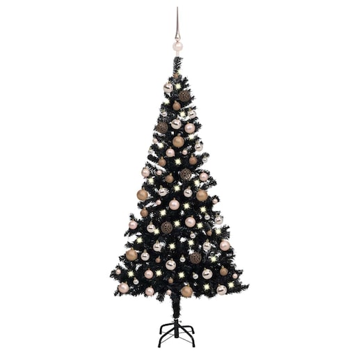 vidaXL Sztuczna choinka z lampkami i bombkami, czarna, 150 cm, PVC