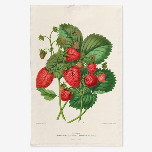 Lniany ręcznik kuchenny - Liście i truskawki
