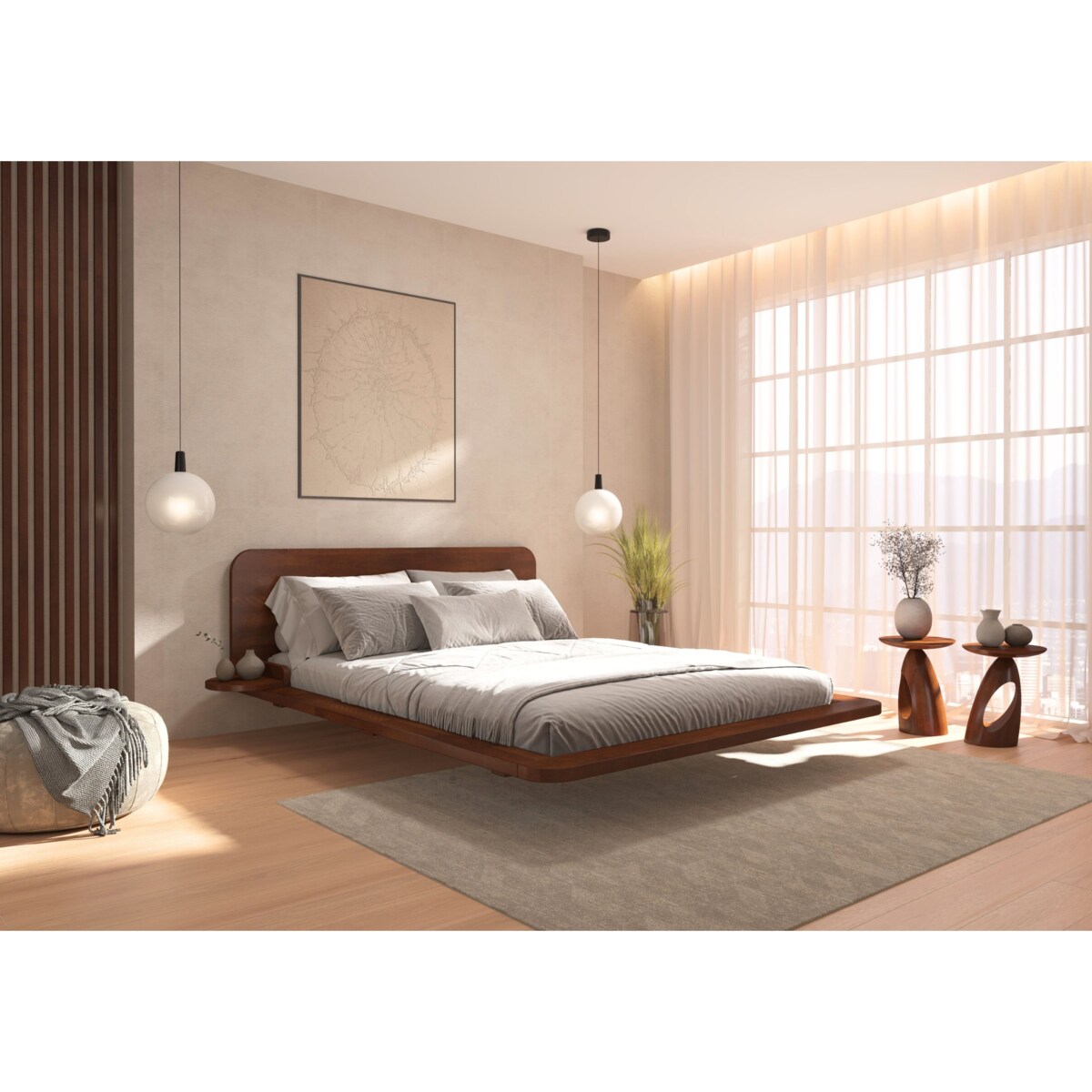 Łóżko lewitujące bukowe JAPANDIC / 160x200, kolor orzech