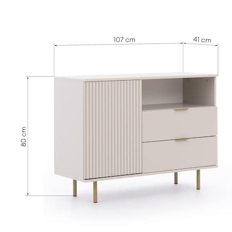 Komoda jednodrzwiowa z szufladami ryflowana beżowa/złote nóżki Molly
