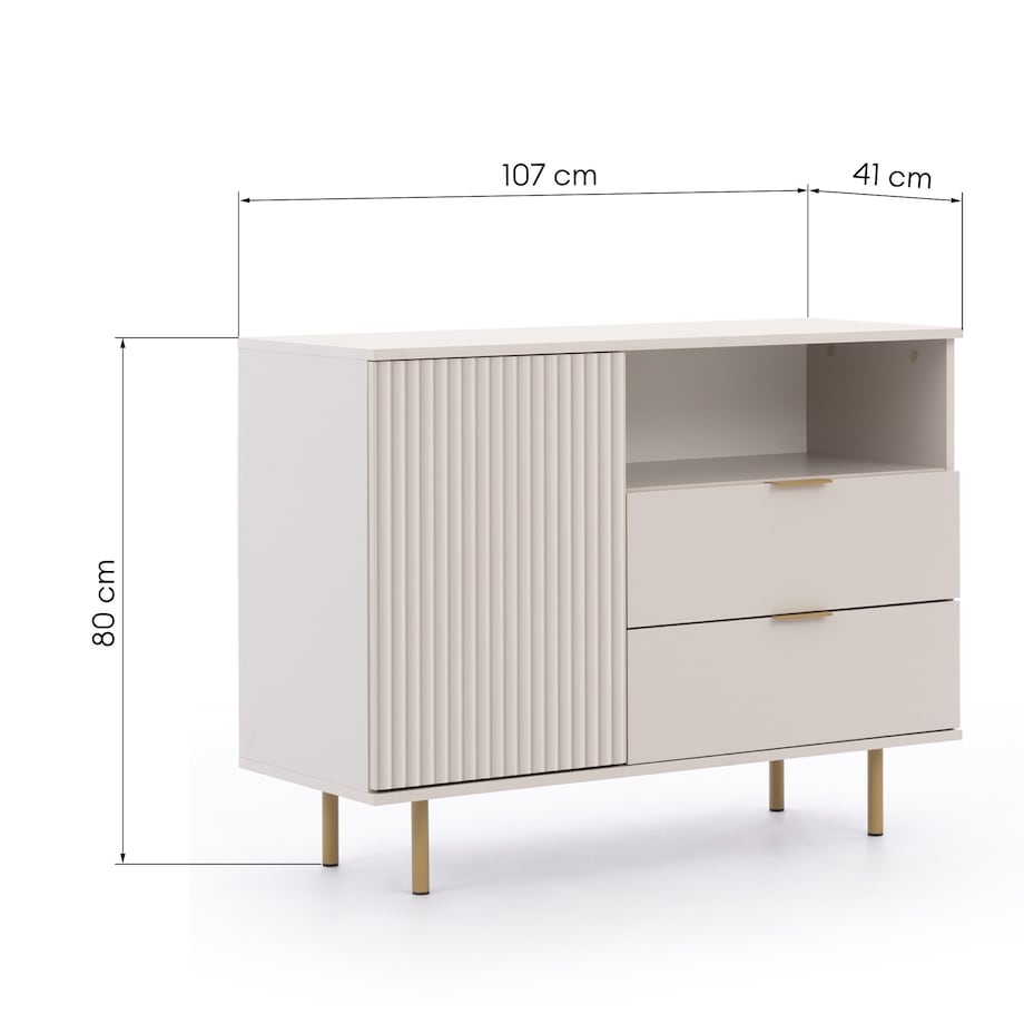 Komoda jednodrzwiowa z szufladami ryflowana beżowa/złote nóżki Molly