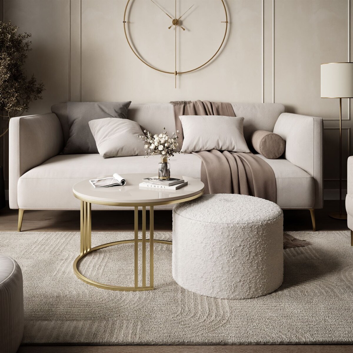 Stolik kawowy z pufą LORI POŁYSK złoto szczotkowane, kaszmir / Coral 65