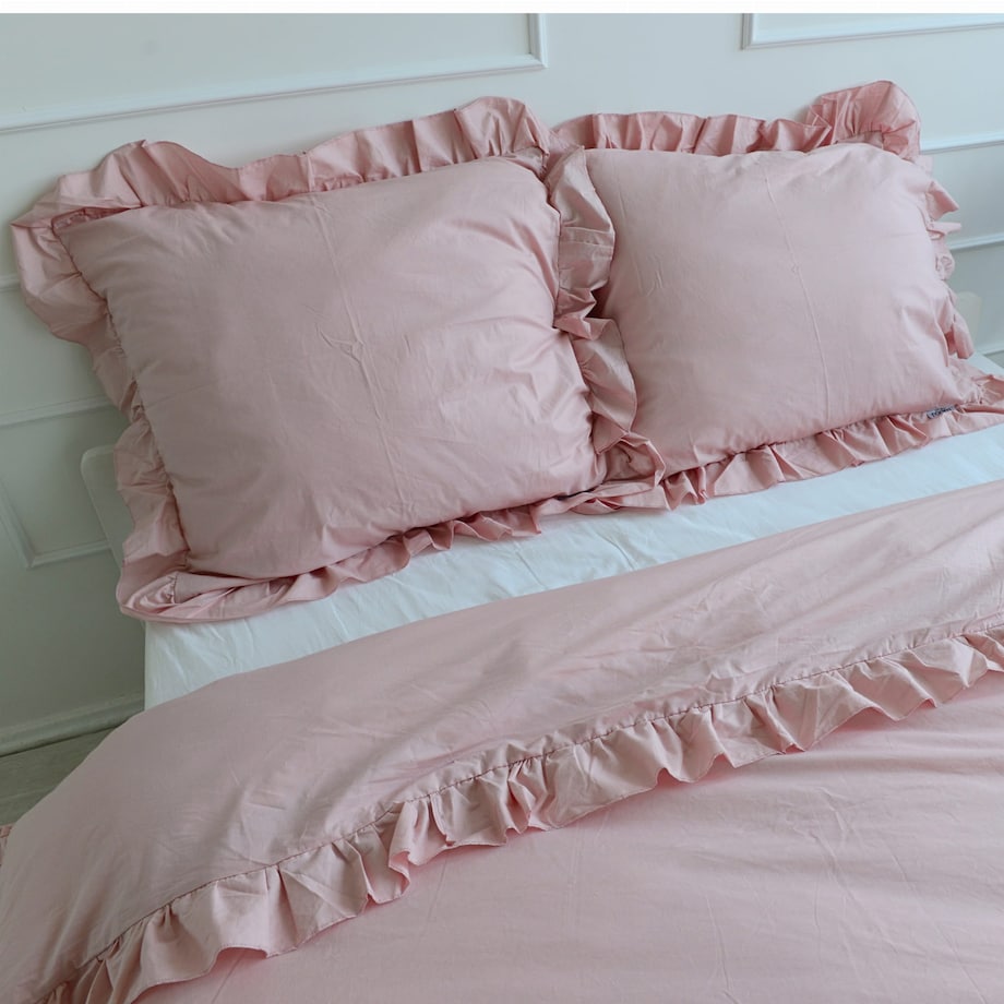 Pościel Bawełniana Z Falbanką Zestaw Komplet Do Sypialni Brudny Róż 180X200 Cm + 2 Poduszki 70X80 Cm