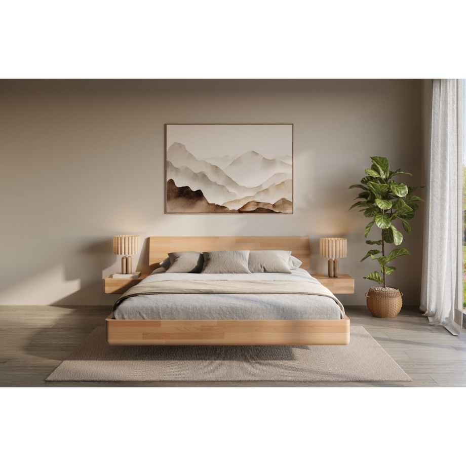 Łóżko lewitujące drewniane bukowe Visby LENA z szafkami / 200x200 cm, kolor naturalny