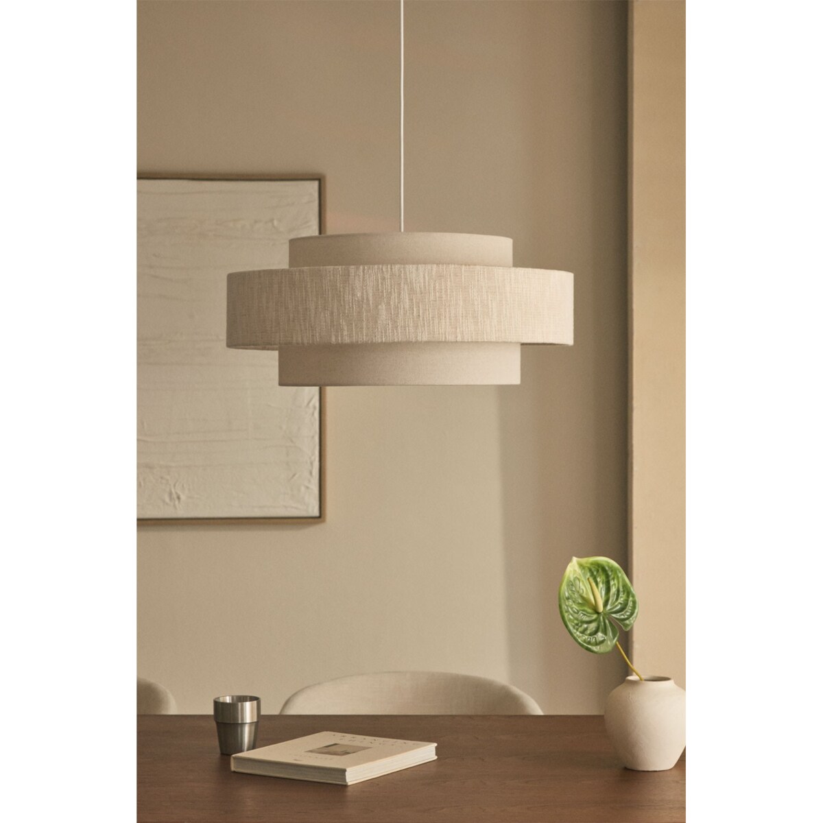 Lampa wisząca z tkaniny Lumira Ø55 cm, lniano-kremowo-beżowa