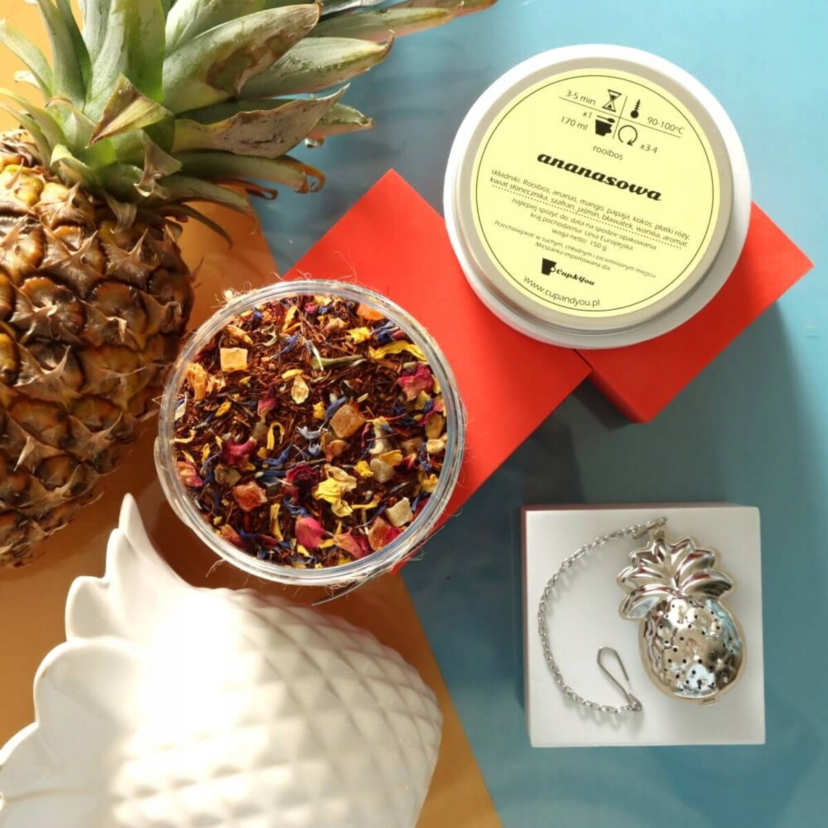 Herbata rooibos z czerwonokrzewu ANANASOWA o smaku ananasa z nutą wanilii - herbata liściasta sypana mieszanka napar susz - gotowa na prezent upominek