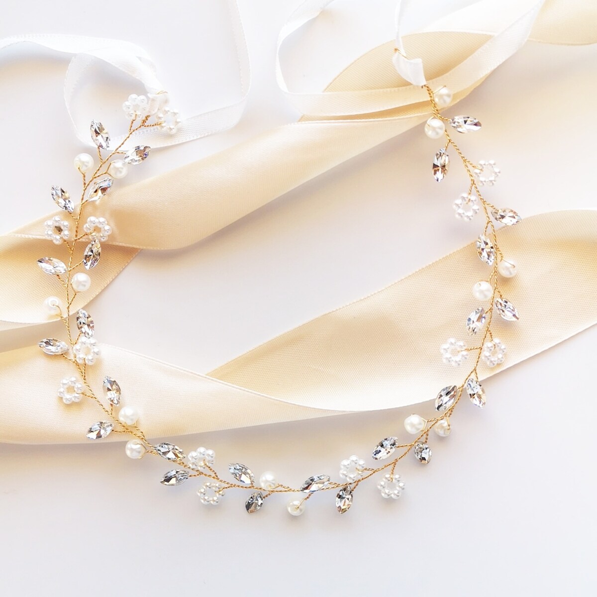 WIANEK BIŻUTERYJNY złota ozdoba ślubna do włosów BOHO perły