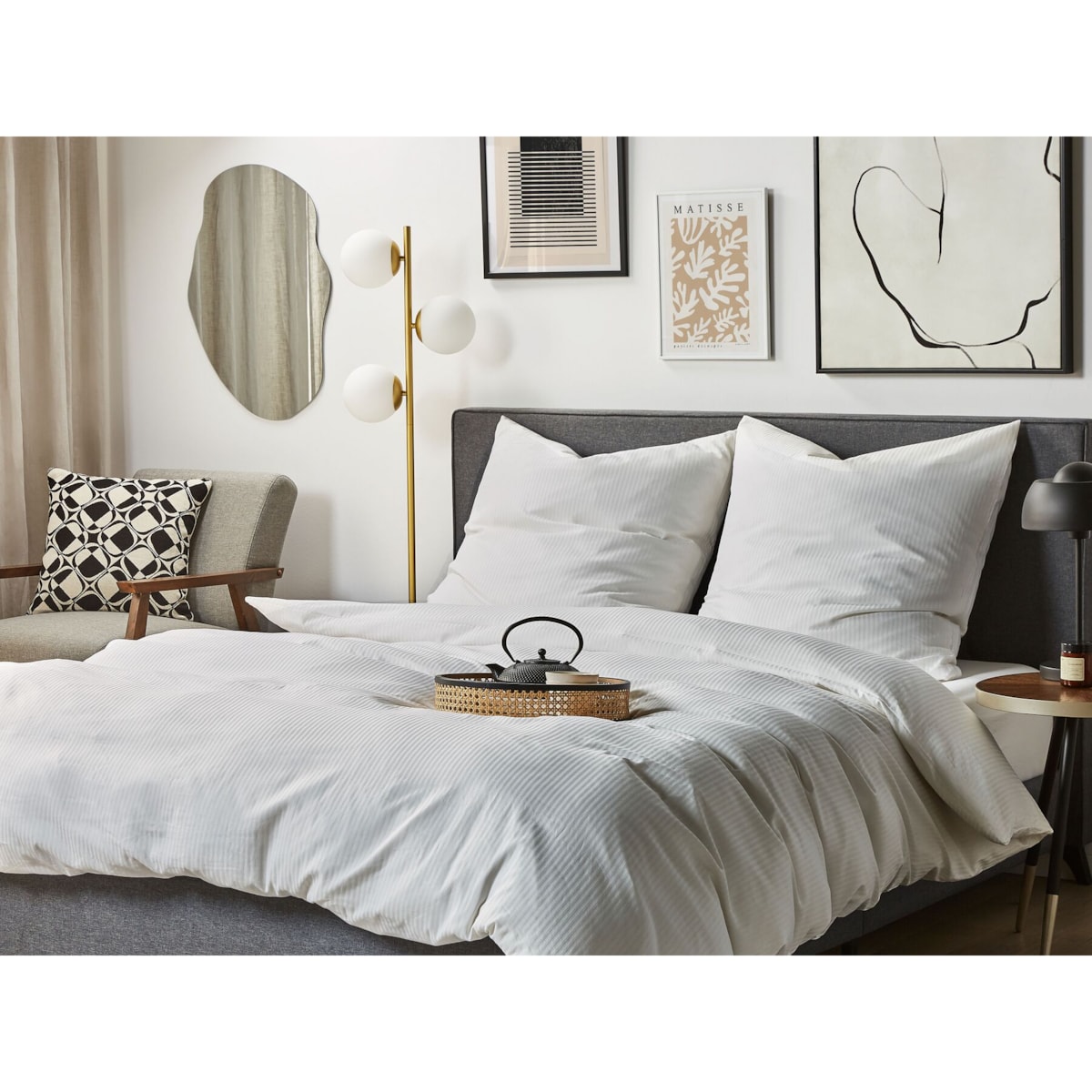 Komplet pościeli bawełnianej satynowej w paski 155 x 220 cm biały AVONDALE