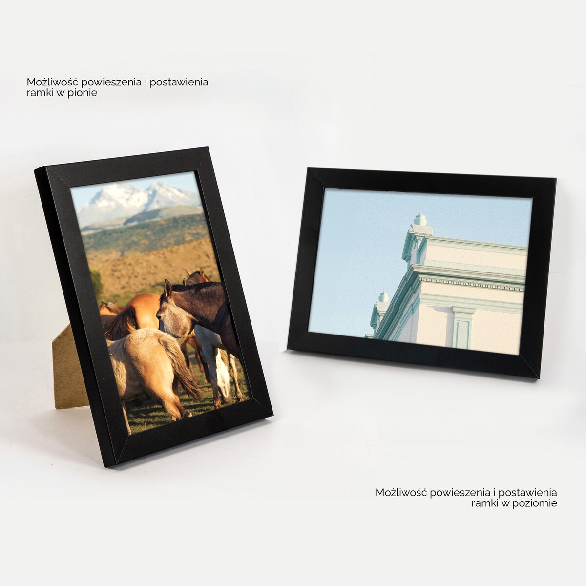 Ramka na zdjęcia 13x18 cm czarna rama MDF z plexi do powieszenia pion poziom stopka klasyczna ramka FRAMAI