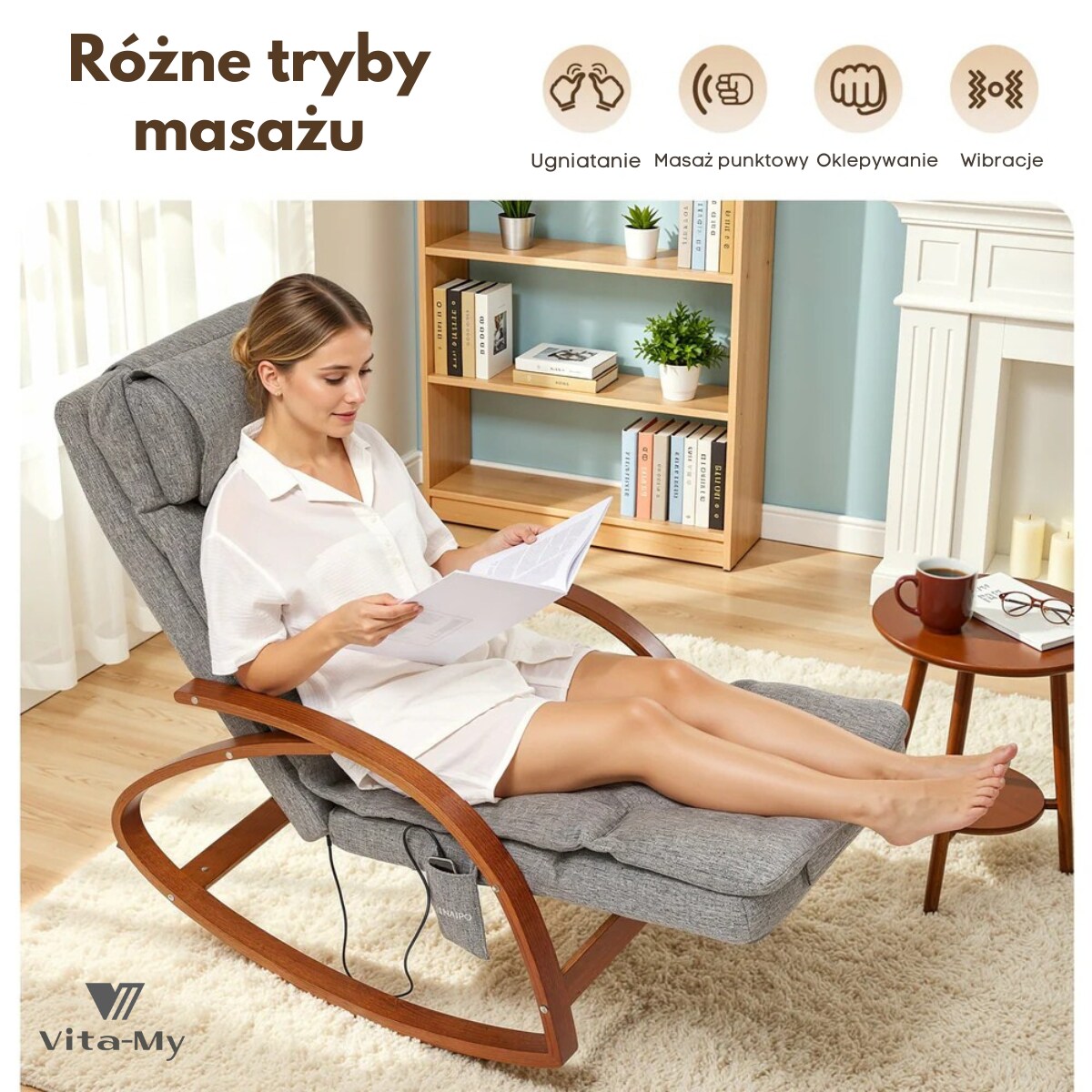 Fotel masujący bujany NAIPO MGC-2300P Vita-My drewniany podgrzewanie pilot