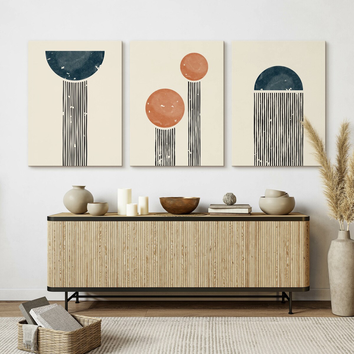 OBRAZY NA PŁÓTNIE SET ABSTRAKCJA FIGURY GEOMETRYCZNE STYL BOHO 90x40cm