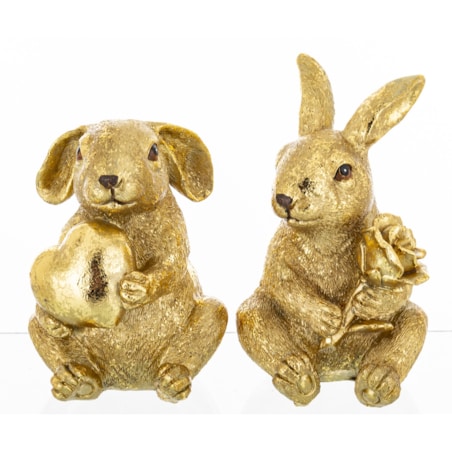 Dekoracja - Para siedzących złotych królików12x7,5x9 i 11x8x8 cm z różą i sercem