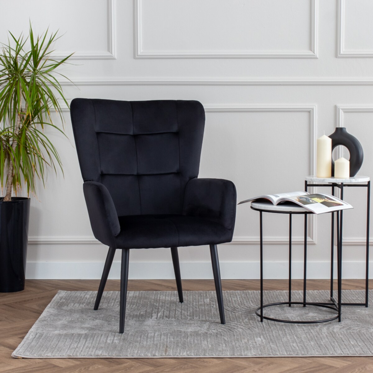 Fotel uszak do salonu wypoczynkowy welurowy tapicerowany czarny