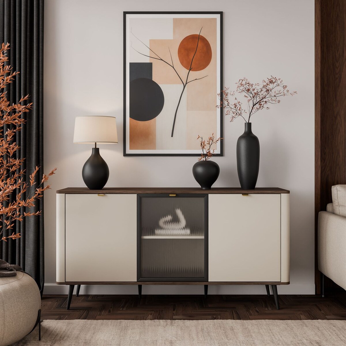 Komoda na nóżkach AUTUMN 2D1W z przeszklonym frontem, kaszmir / orzech