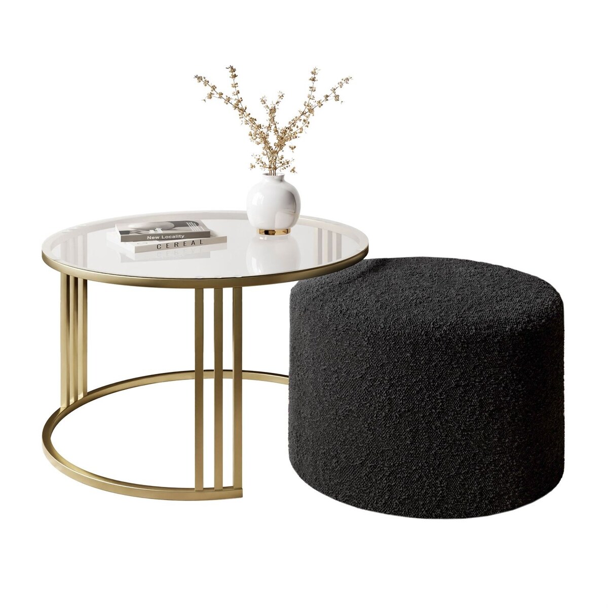 Stolik kawowy z pufą LORI GLASS złoto szczotkowane, przezroczyste szkło / Coral 60