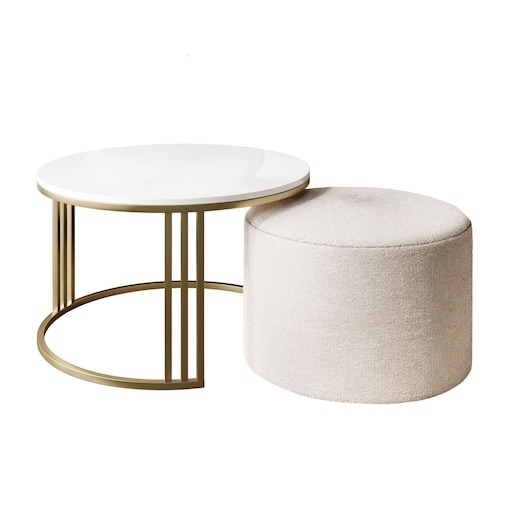 Stolik kawowy z pufą LORI POŁYSK złoto szczotkowane, biały / Perfect Harmony 01