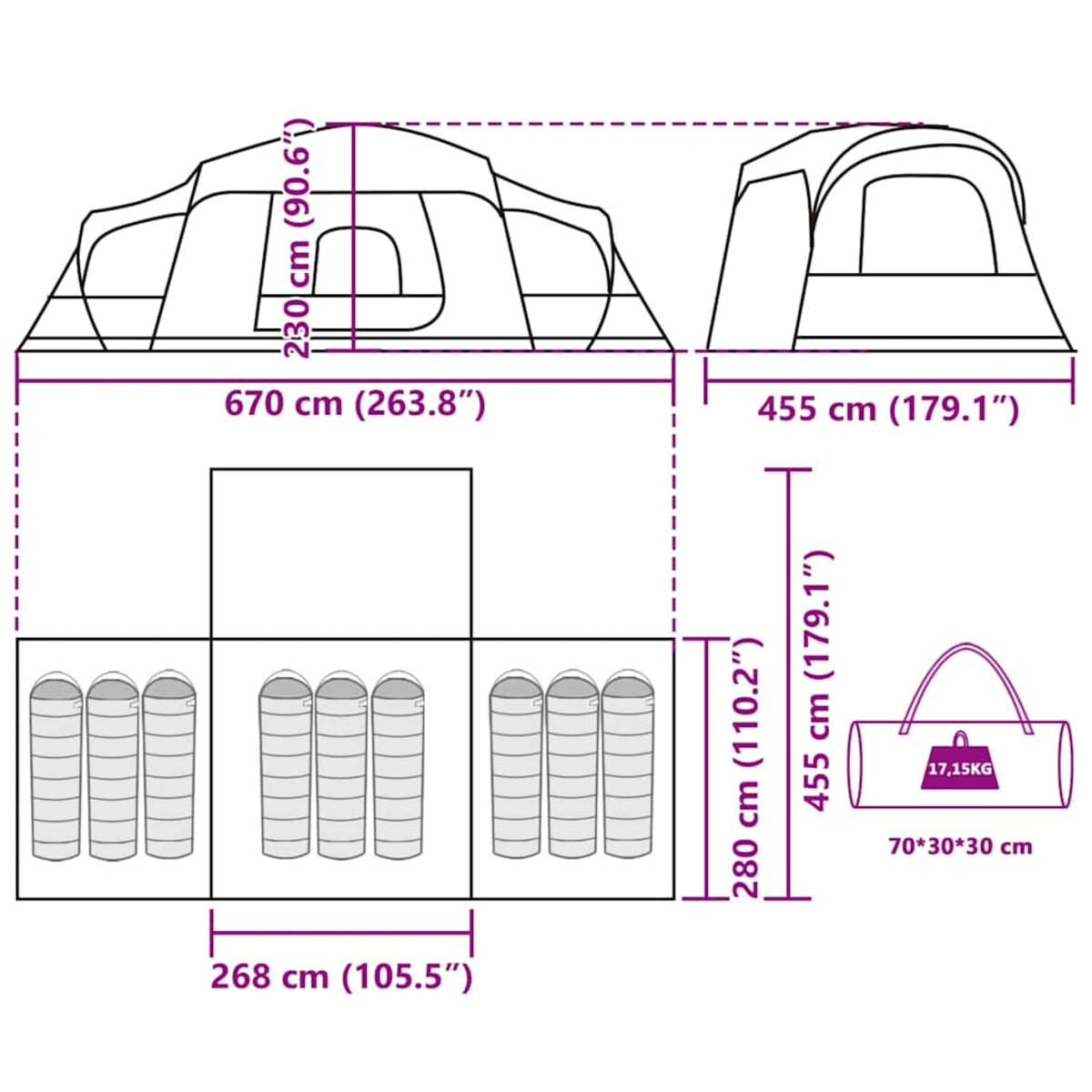 vidaXL Namiot rodzinny z kopułą na werandę, 9 osób