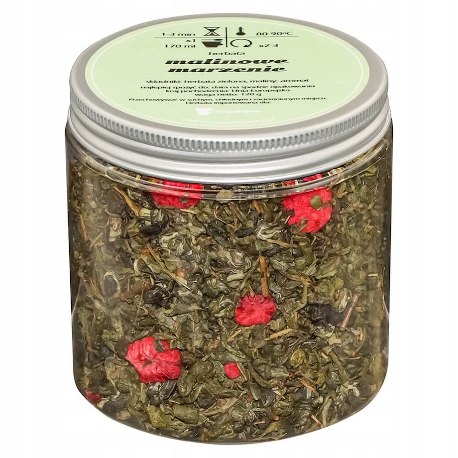 Herbata zielona sypana MALINOWE MARZENIE o smaku malinowym PREMIUM Cup&You - herbata liściasta sypana mieszanka napar susz - gotowa na prezent upominek