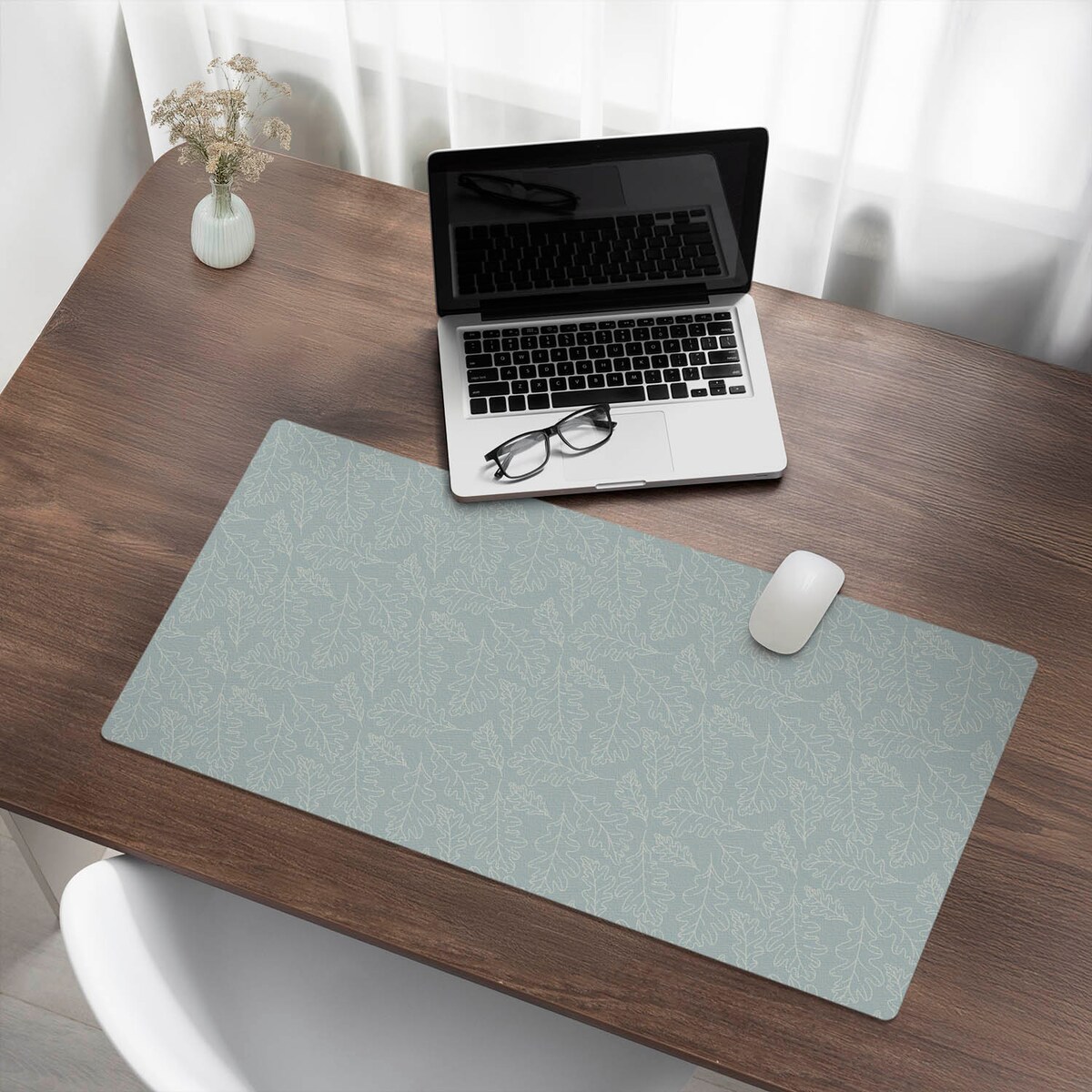 Turkusowa mata na biurko Liście dębu wzór, 90x45 cm
