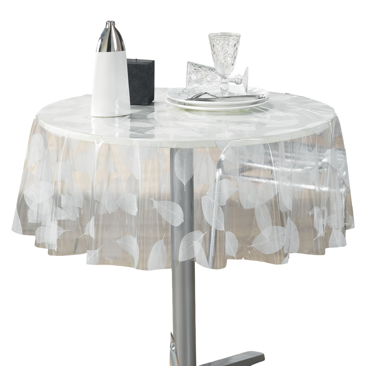 Obrus okrągły transparentny FEUILLE WHITE, Ø 140 cm, motyw liści