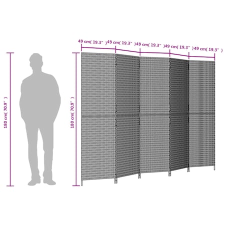 vidaXL Parawan 5-panelowy, czarny, polirattan