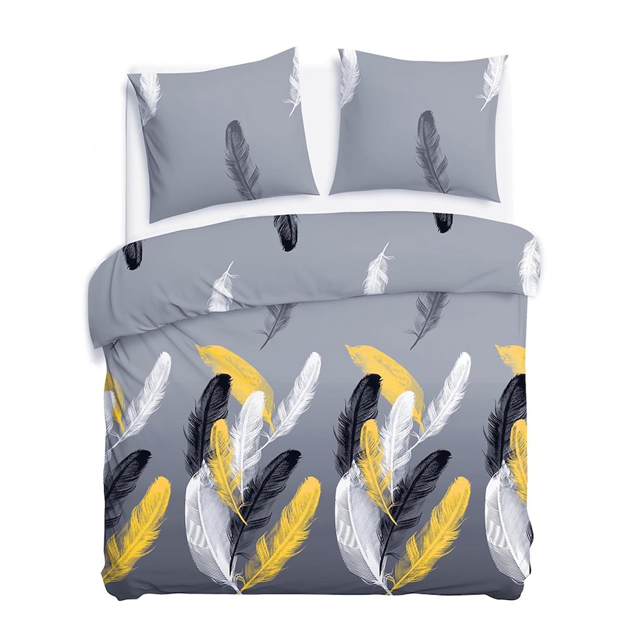 Pościel satyna bawełniana 180x200 Fevola białe i złote pióra na szarym tle, Satynlove
