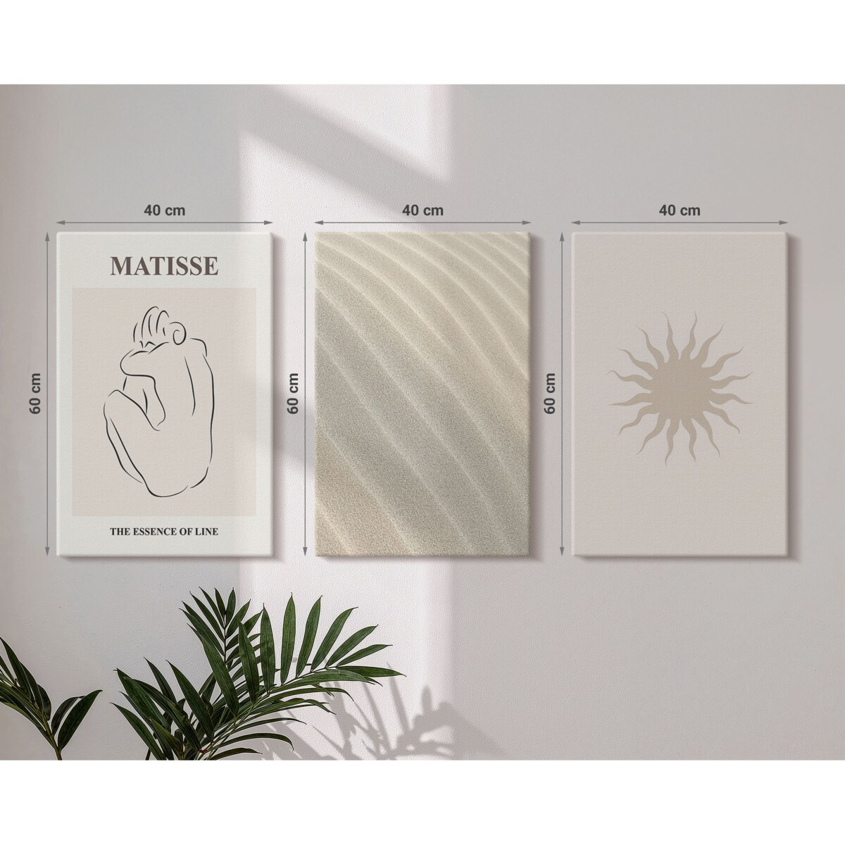 Zestaw 3 dużych obrazów na płótnie - Minimalistyczne linie piasku słońce - beżowy