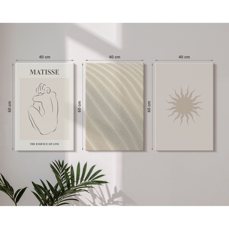 Zestaw 3 dużych obrazów na płótnie - Minimalistyczne linie piasku słońce - beżowy