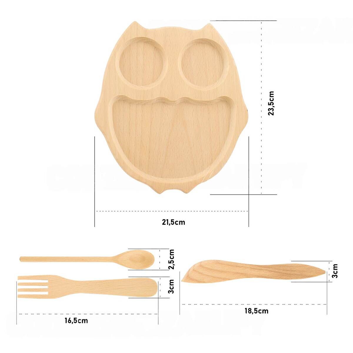 Tacka Drewniana Dla Dzieci Sowa Zestaw Talerzyk + Sztućce Naturalne Drewno