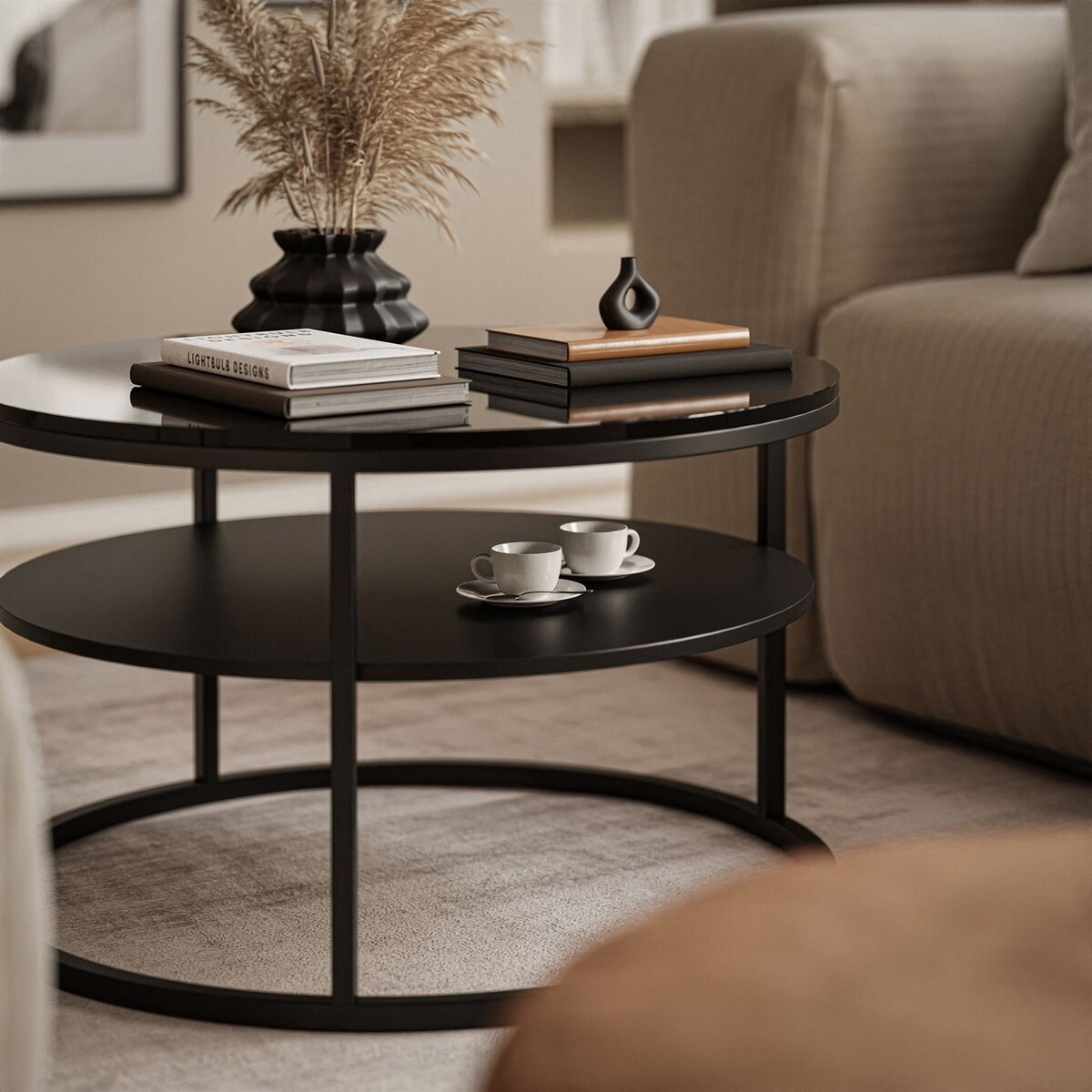 Stolik kawowy CIRI z półką czarny połysk