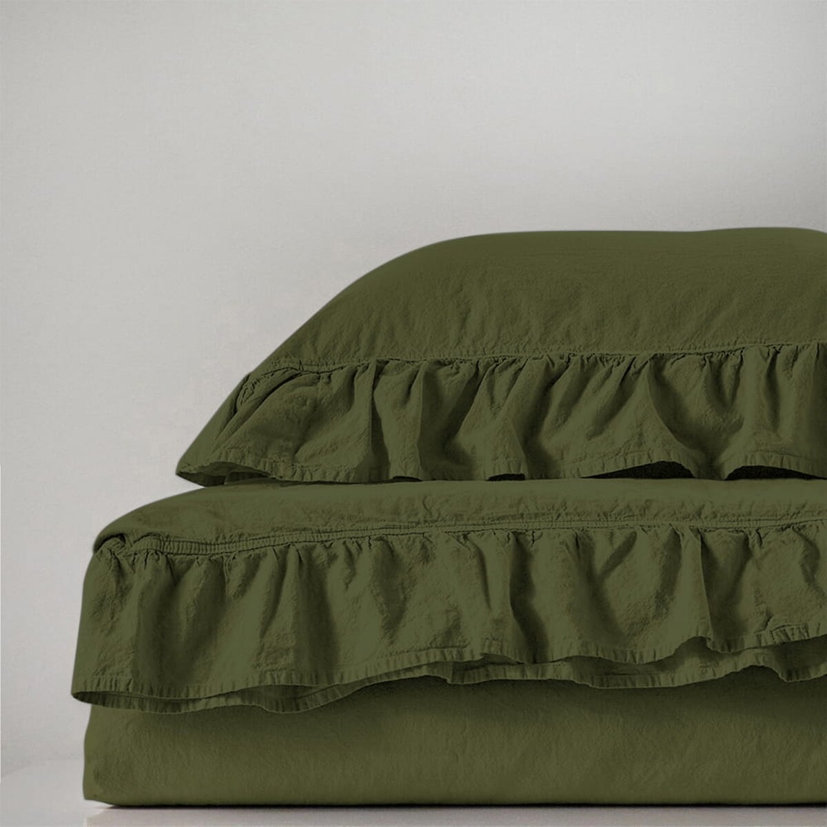 Pościel bawełniana 160x200 z falbanką Stonewashed Exclusive, Oliwka