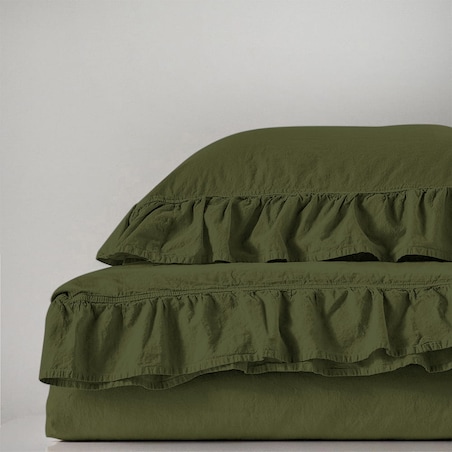 Pościel bawełniana 160x200 z falbanką Stonewashed Exclusive, Oliwka